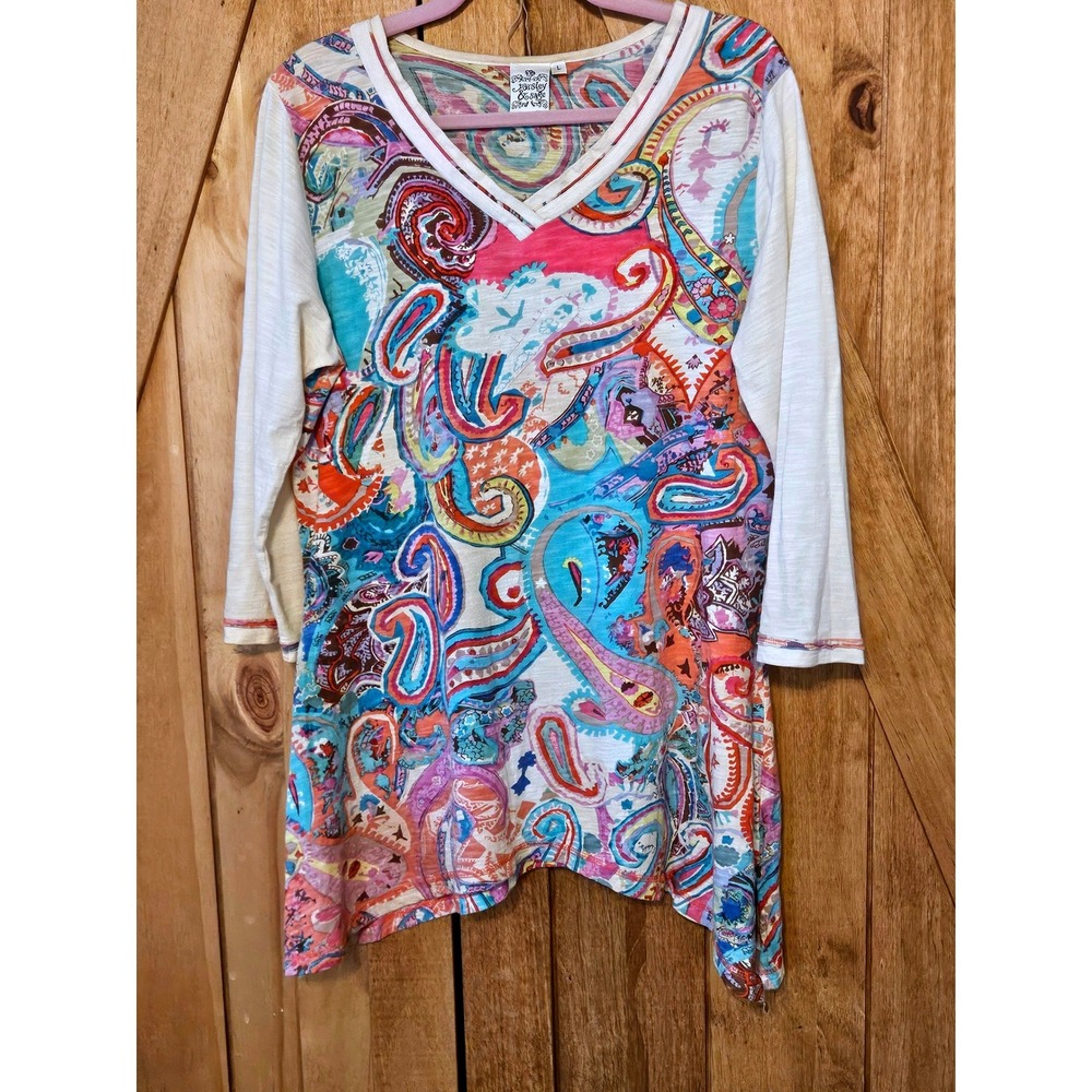 Parsley & Sage Tunic Mini Dress Women Large Cream Multi Paisley Boho Cotton #762